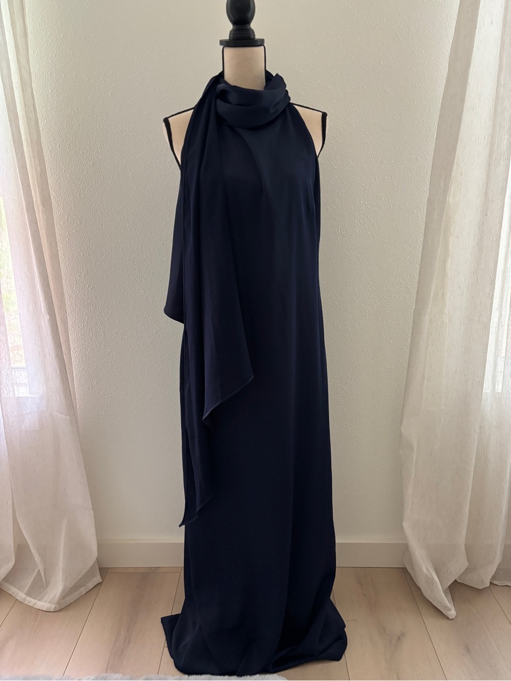 Vince Camuto Navy Halter Maxi Dress with Draped Scarf